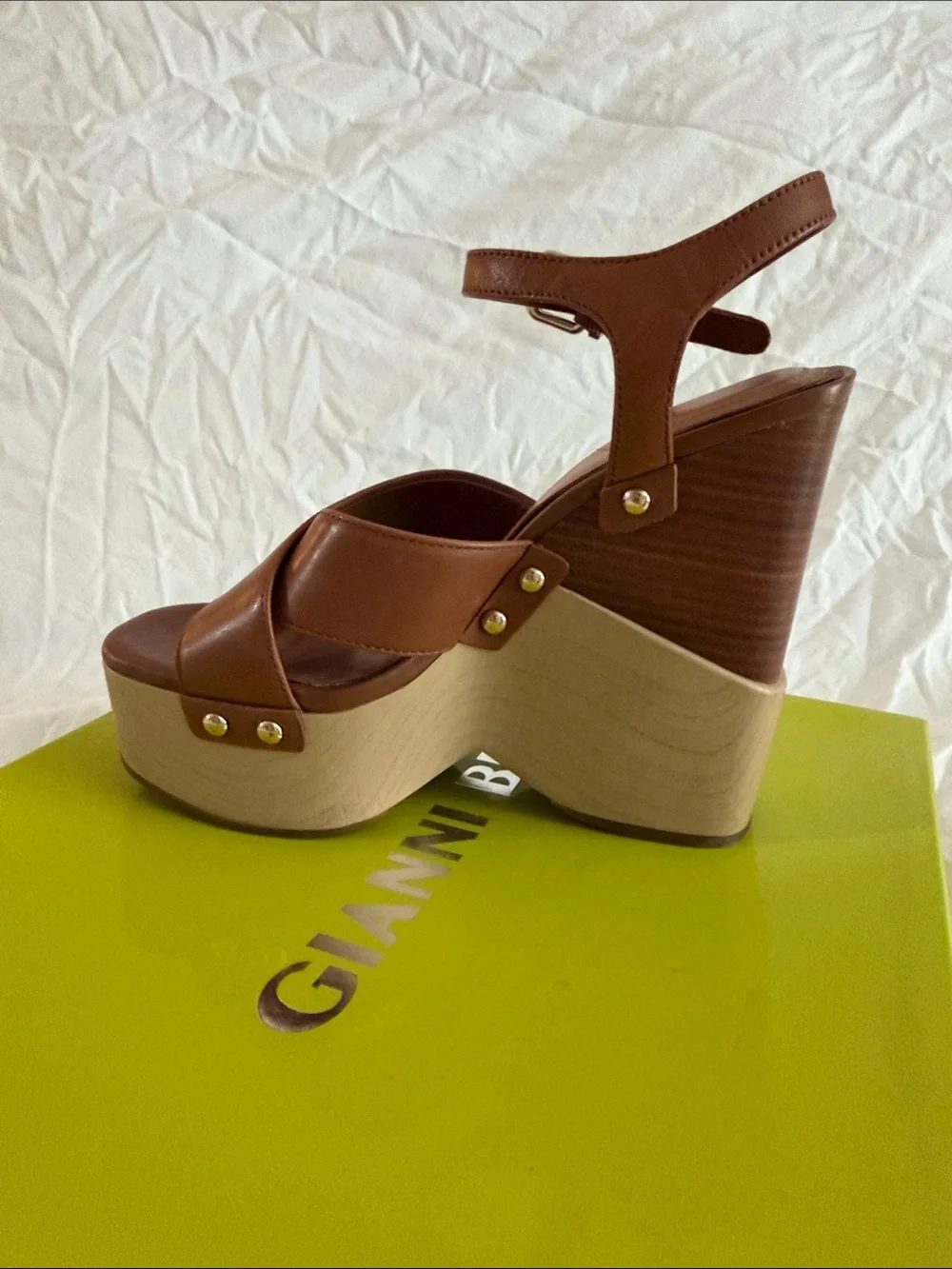 Gianni Bini Tan Leather Wood-Effect Platform Wedges